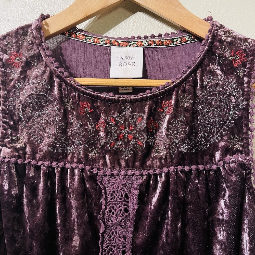 Knox Rose Top Crushed Velvet Floral Embroidery & Lace Purple Plum Women's Size S - Picture 2 of 11